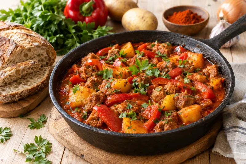 Veganes Gulasch mit Sojaschnetzel, Paprika und Kartoffeln in einer gusseisernen Pfanne, garniert mit frischer Petersilie.