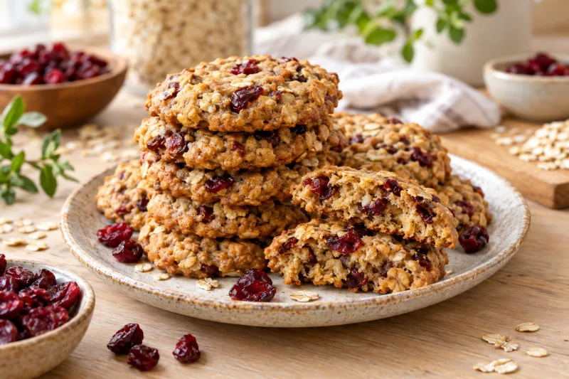 Vegane Haferflocken-Cranberry-Kekse auf einem Teller, goldbraun und mit Cranberries gespickt