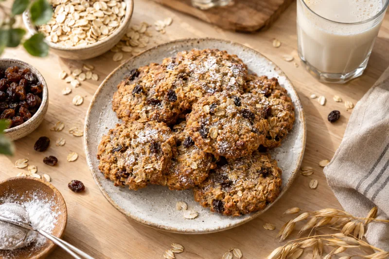 Vegane Haferkekse auf einem Teller, goldbraun gebacken, mit Haferflocken bestreut, daneben eine Tasse Kaffee