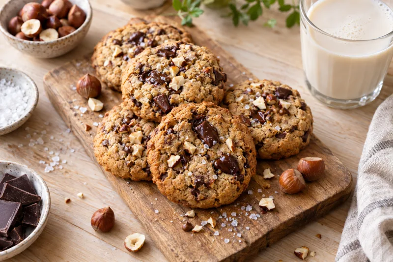 Vegane Haselnuss-Schokoladenkekse auf einem Teller, goldbraun gebacken mit sichtbaren Schokoladenstückchen und Haselnussstücken.