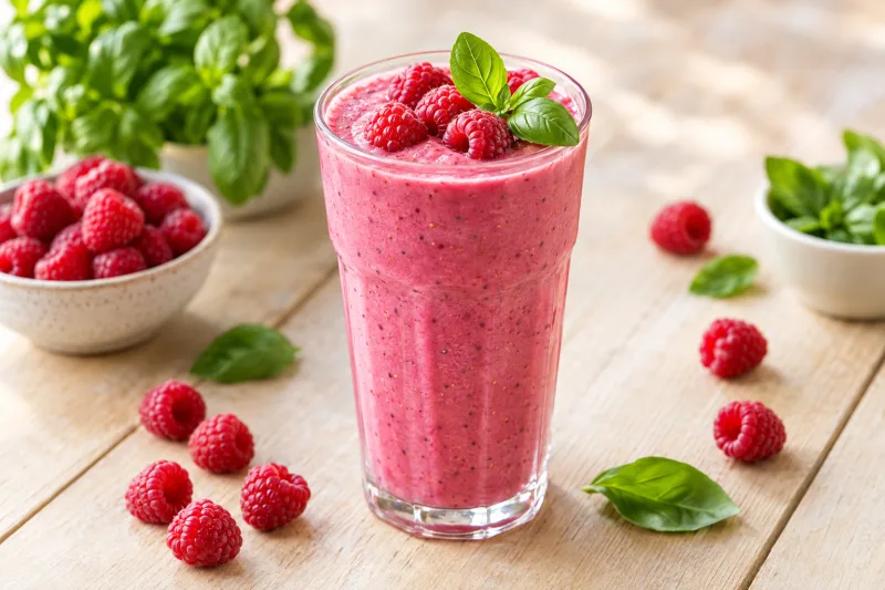 Himbeer-Basilikum-Smoothie in einem Glas, garniert mit frischen Himbeeren und Basilikumblättern