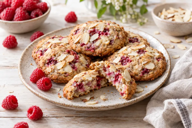 Vegane Himbeer-Mandel-Kekse mit goldenen Rändern und fruchtigen Himbeerstückchen auf einem weißen Teller