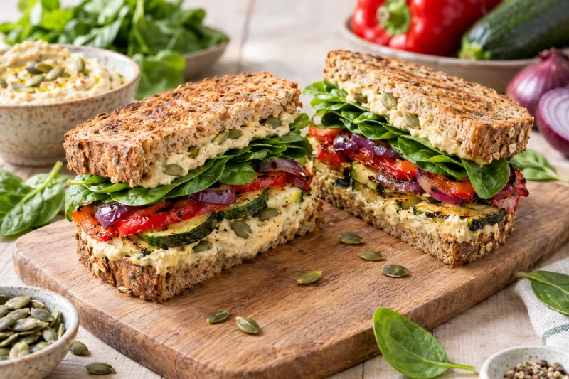 Veganes Hummus-Sandwich mit geröstetem Gemüse und Spinat auf Vollkornbrot, auf einem Holzbrett angerichtet.