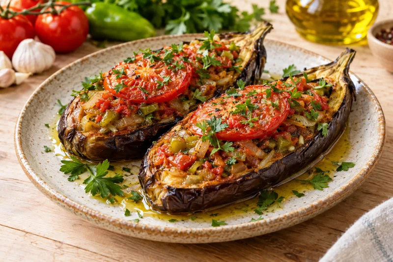 Imam Bayıldı vegan: gefüllte Auberginen mit Tomatensauce und Petersilie auf weißem Teller