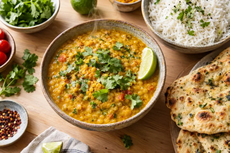 Indisches Linsencurry mit roten Linsen, Kokosmilch und Koriander in einer Schale