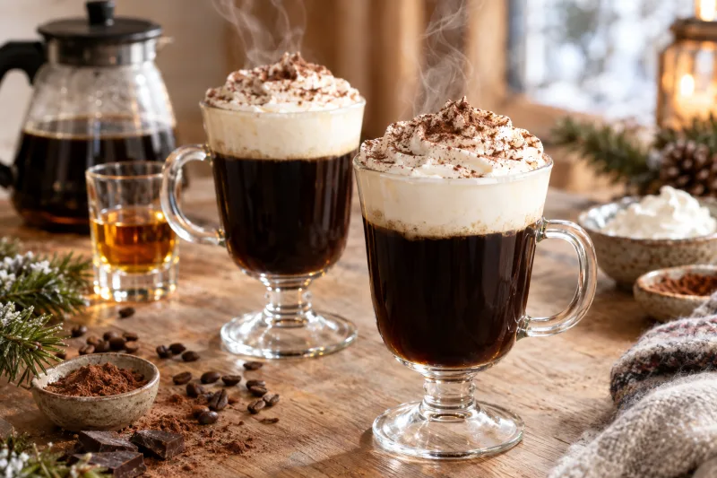Veganer Irish Coffee im Glas mit Haube aus geschlagener Pflanzen-Sahne, bestäubt mit Kakaopulver, auf Holztisch