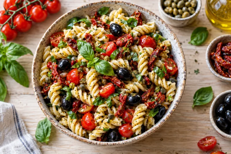 Italienischer Nudelsalat mit getrockneten Tomaten, Oliven und Basilikum in einer Schüssel