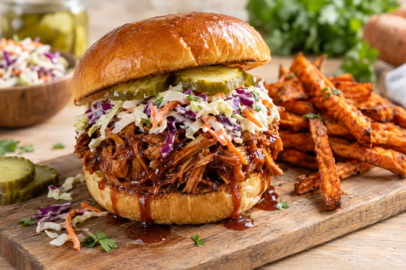 Veganes Jackfruit-Pulled-Pork auf einem Burgerbrötchen mit Krautsalat und BBQ-Sauce, rustikal angerichtet.