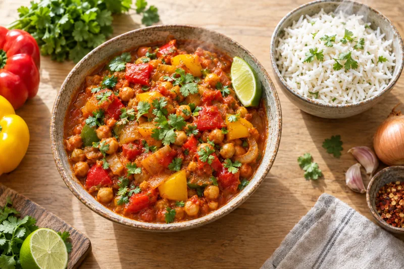 Veganes Jalfrezi Curry mit Kichererbsen, Paprika und Reis in einer Schüssel, garniert mit frischem Koriander