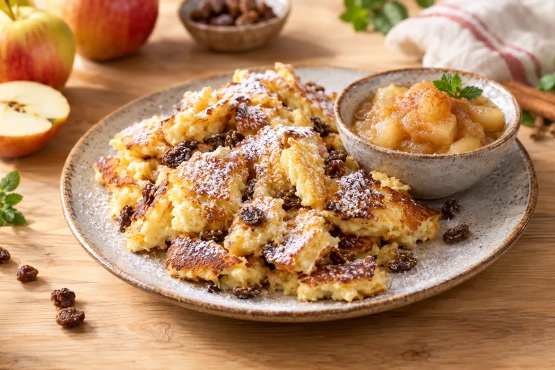 Veganer Kaiserschmarrn auf einem Teller, bestäubt mit Puderzucker, daneben Apfelmus in einer Schale, goldbraune Stücke