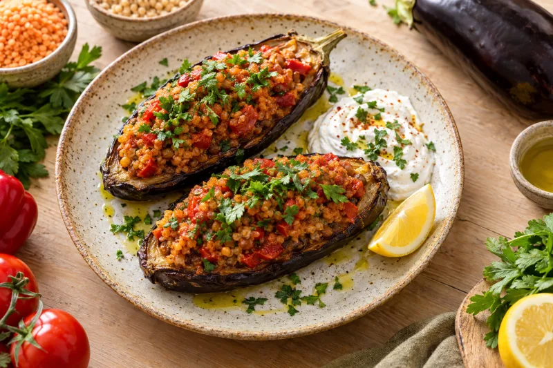Vegane Karnıyarık: gefüllte Auberginenhälften mit Bulgur-Gemüse-Füllung, garniert mit Petersilie, auf rustikalem Teller