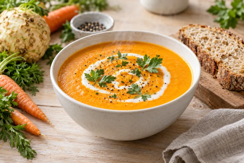 Cremige vegane Karotten-Sellerie-Suppe in einer Schüssel mit Kokosmilch-Swirl und frischer Petersilie
