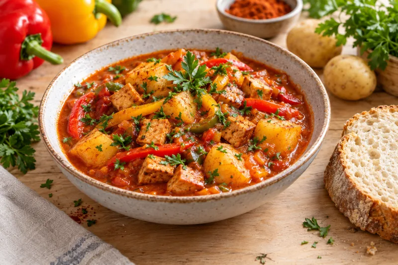 Veganes Kartoffelgulasch in einem großen Topf mit Kartoffeln, Tofu und Paprika, serviert in einer Schale mit frischer Petersilie.