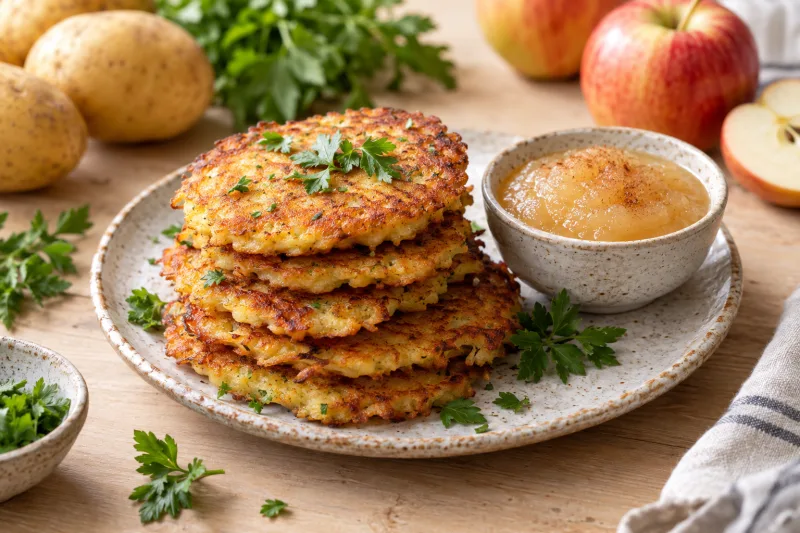 Vegane Kartoffelpfannkuchen auf einem Teller mit Apfelmus, garniert mit frischer Petersilie