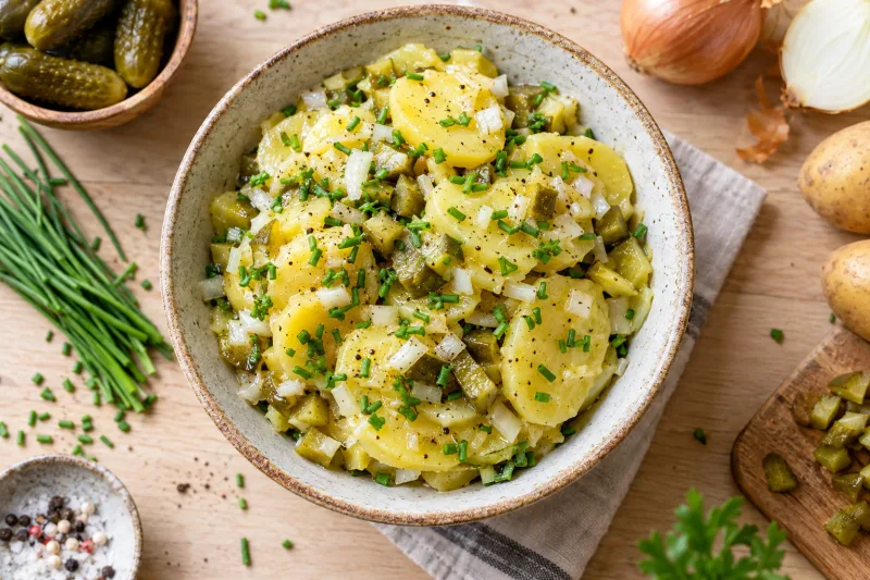 Veganer Kartoffelsalat mit Zwiebeln und Gewürzgurken in einer Schüssel