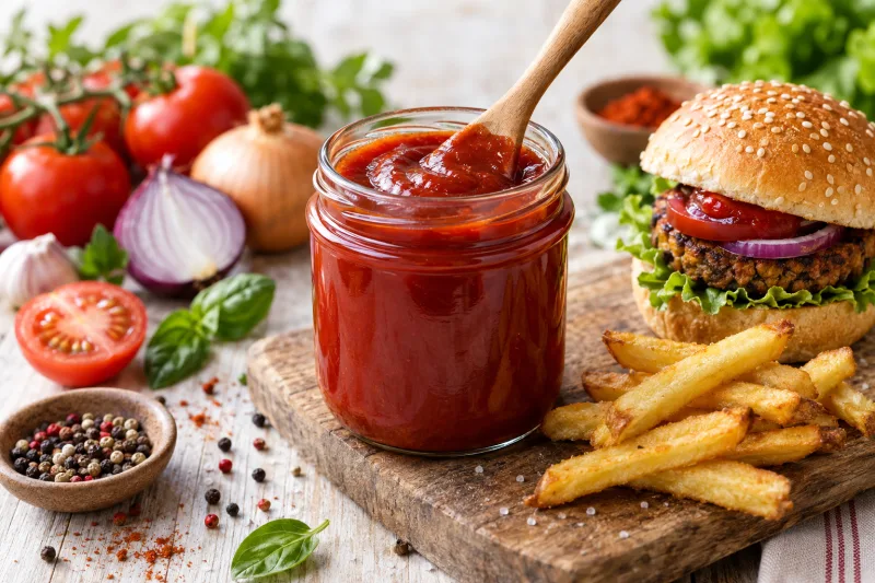 Selbstgemachter veganer Ketchup in einem Glas, daneben Pommes und ein Burger