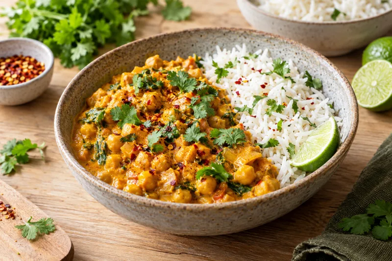 Veganes Kichererbsen-Curry in einer Schüssel mit Basmatireis, garniert mit frischem Koriander und Chiliflocken