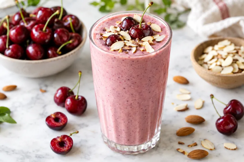 Cremiger Kirsch-Mandel-Smoothie in hohem Glas, garniert mit frischen Kirschen und Mandelblättchen, auf hellem Hintergrund.