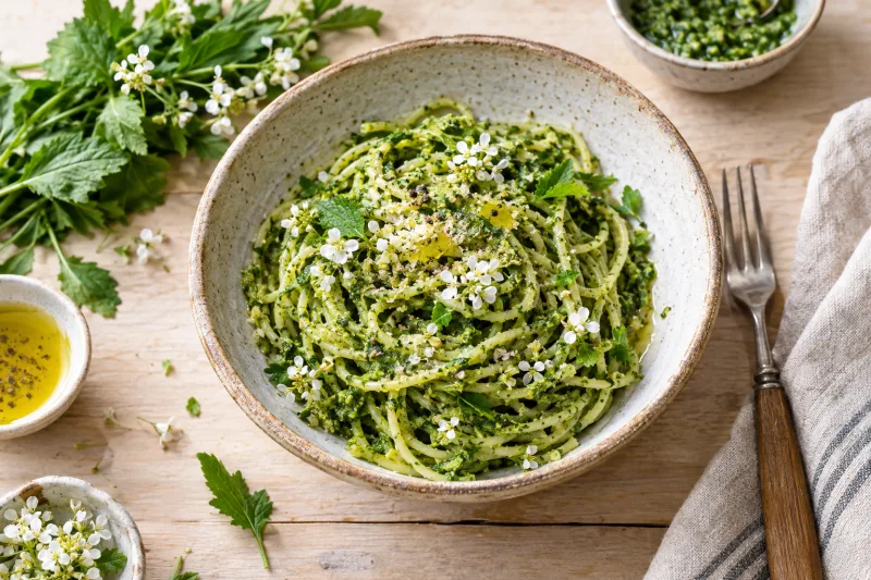 Veganes Knoblauchsrauke-Pesto mit Spaghetti auf einem Teller, garniert mit frischen weißen Blüten und Olivenöl