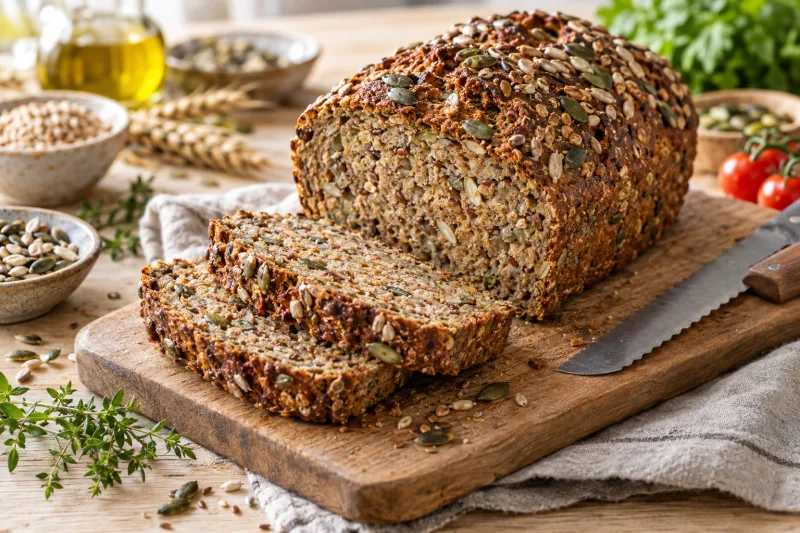 Rustikales veganes Körnerbrot mit sichtbaren Sonnenblumenkernen und Kürbiskernen, auf einem Holzbrett, daneben ein Messer und ein Tuch