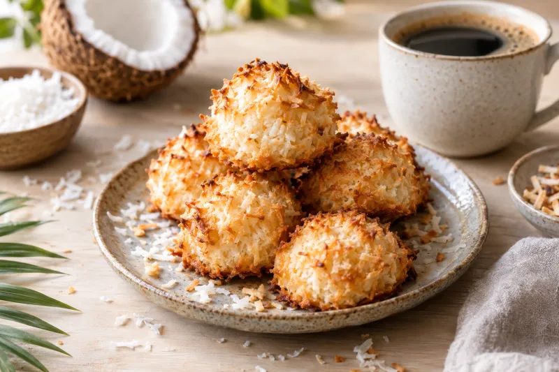 Vegane Kokos-Makronen auf einem Teller, goldbraun gebacken, mit Kokosraspeln bestreut, daneben eine Tasse Kaffee.