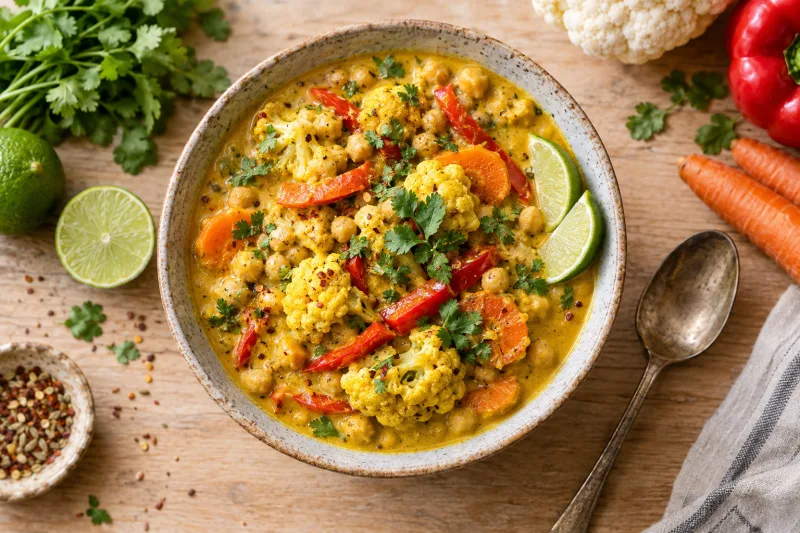 Veganes Korma Curry mit Kichererbsen und Gemüse in einer Schale, garniert mit frischem Koriander