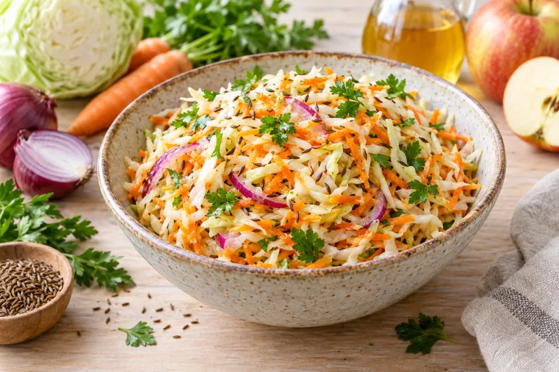 Veganer Krautsalat in einer Schüssel, garniert mit frischer Petersilie und Kümmel, auf rustikalem Holztisch