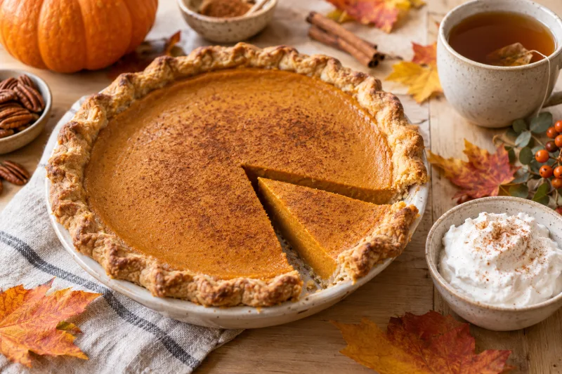 Veganer Kürbis-Pie mit cremiger Füllung, auf einem Teller mit Gabel