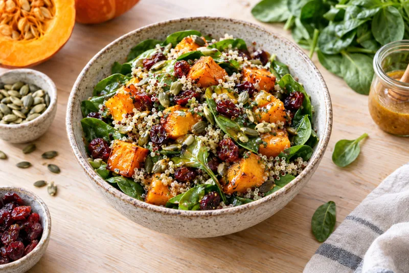 Veganer Kürbis-Quinoa-Salat mit Ahorn-Dressing, Kernen und Spinat in einer Schüssel, garniert mit Cranberries.