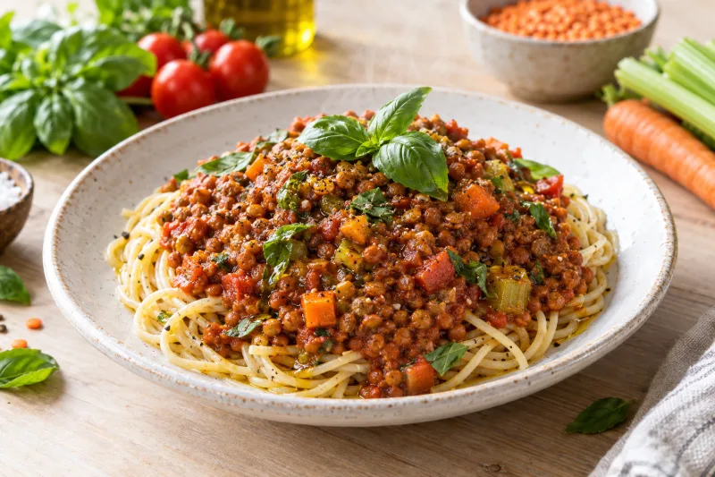 Vegane Linsen-Bolognese mit Spaghetti, garniert mit frischem Basilikum und etwas Olivenöl, serviert auf einem Teller.