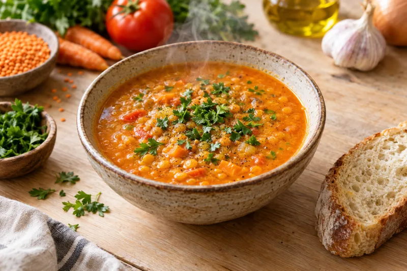 Vegane Linsensuppe mit frischer Petersilie in einer Schüssel, daneben Brot
