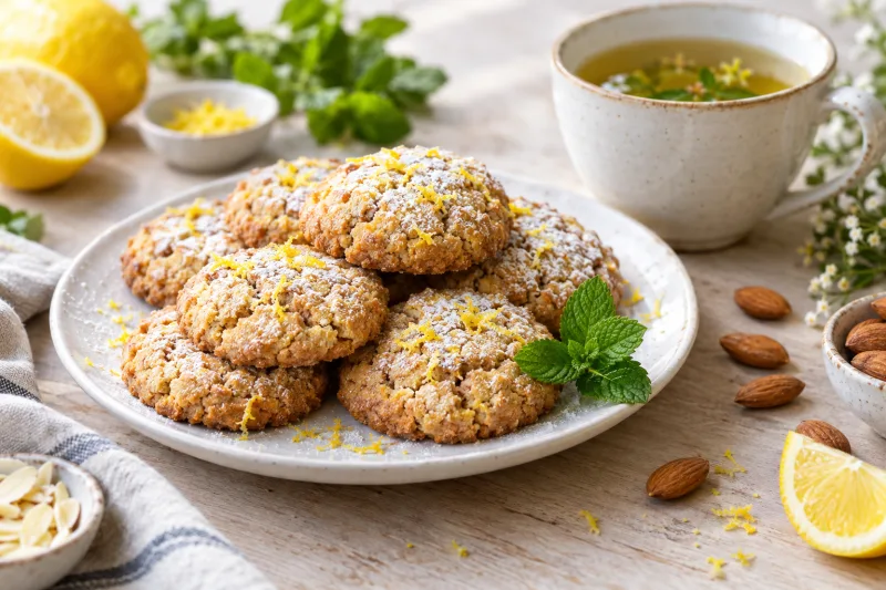Vegane Mandel-Zitronenkekse auf einem Teller, goldbraun gebacken, mit Zitronenzesten dekoriert, daneben eine Tasse Tee.