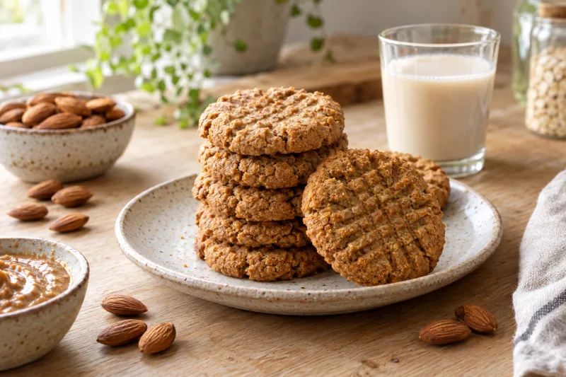 Vegane Mandelbutterkekse auf einem Teller, goldbraun und mit Mandelstückchen dekoriert