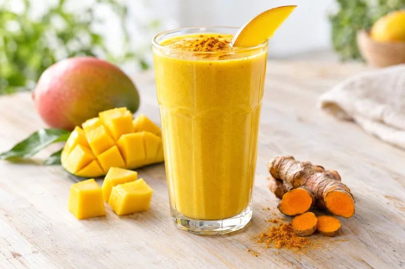 Cremiger Mango-Turmeric-Smoothie im Glas, garniert mit Mango und Minze, auf hellem Holztisch