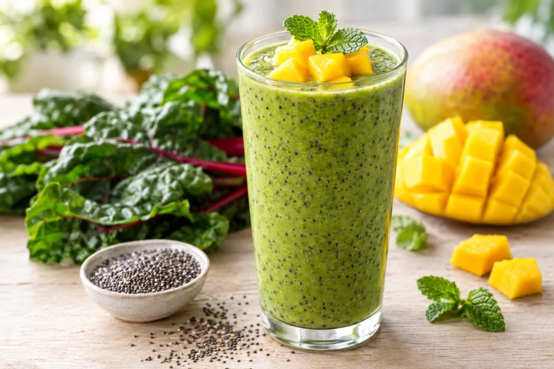Grüner Mangold-Mango-Smoothie in einem Glas, garniert mit Mangostücken und Chiasamen, auf hellem Holztisch