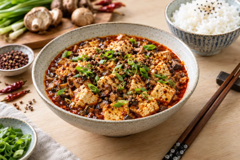 Veganes Mapo Tofu in einer Schüssel, garniert mit Frühlingszwiebeln und Sichuan-Pfeffer, daneben eine Schale Reis.