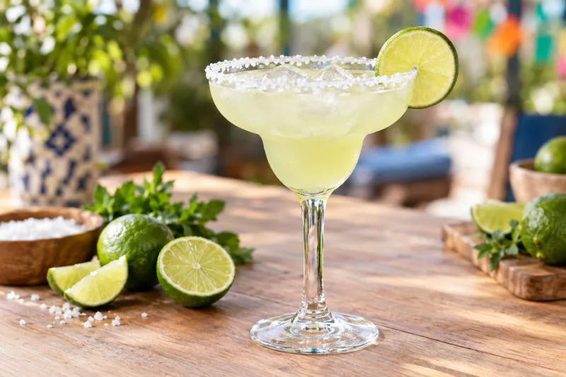Veganer Margarita Cocktail im Glas mit Salzrand und Limettenspalte