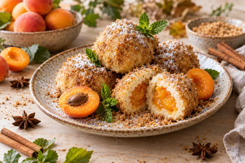 Vegane Marillenknödel auf einem Teller, goldbraun in Zimtbröseln gewälzt, daneben frische Aprikosen
