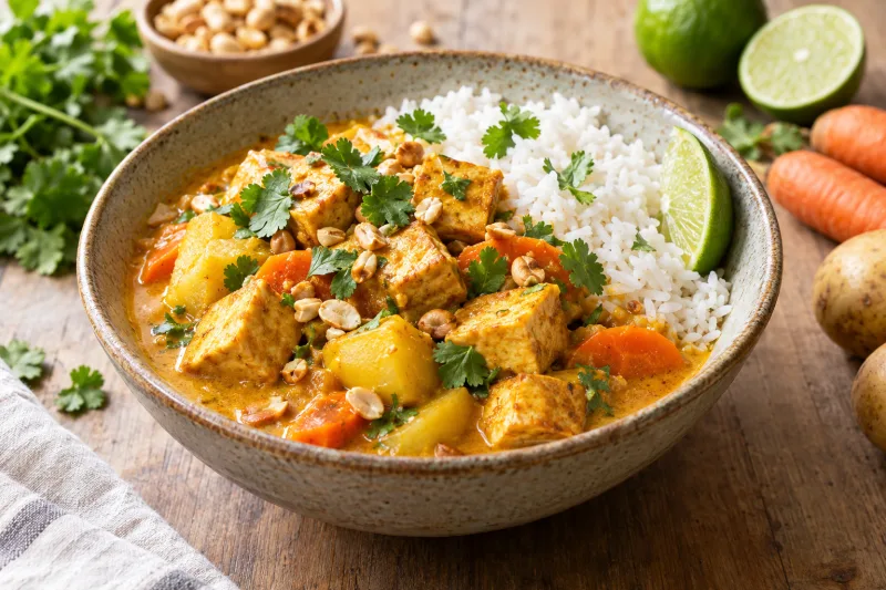 Veganes Massaman Curry mit Tofu, Kartoffeln, Karotten und Erdnüssen in einer Schale, garniert mit Koriander und Limette