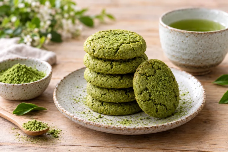 Vegane Matcha-Kekse mit grüner Farbe auf einem Teller, daneben eine Tasse Matcha-Tee und etwas Matchapulver.