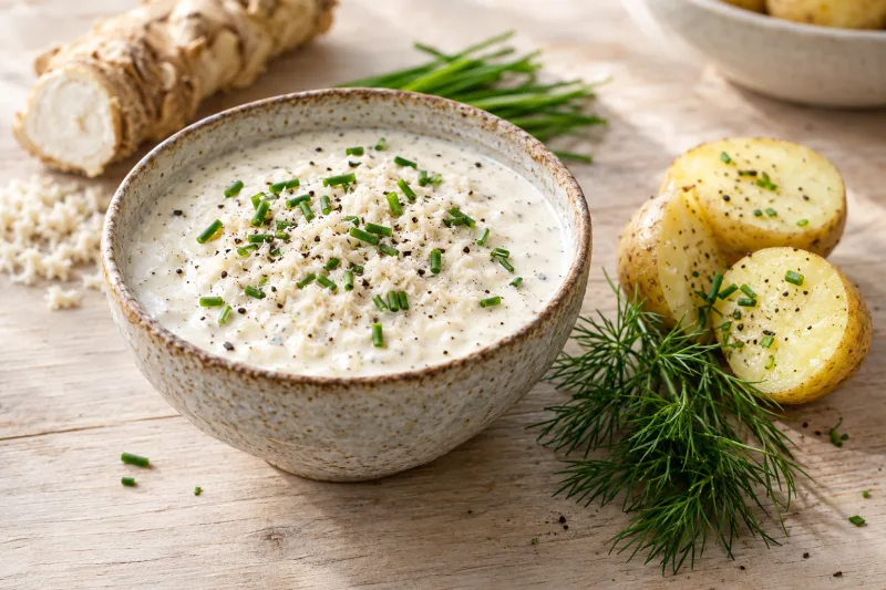 Cremige vegane Meerrettich-Sauce in einer Schüssel, garniert mit frisch geriebenem Meerrettich und Kresse, daneben Kartoffeln