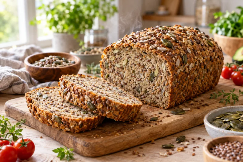 Veganes Mehrkornbrot auf einem Holzbrett, angeschnitten, mit sichtbaren Kernen und Körnern, goldbraune Kruste