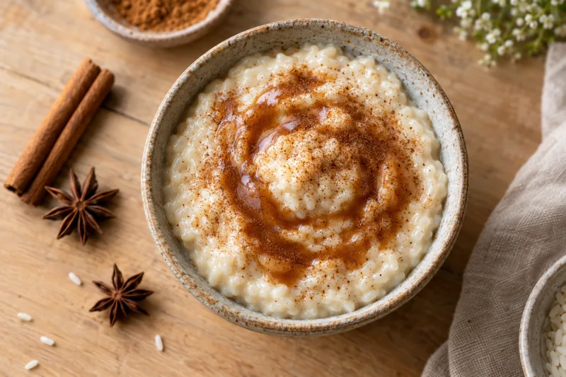 Cremiger veganer Milchreis mit glänzender Zimtsauce in einer weißen Schale, bestreut mit Zimt