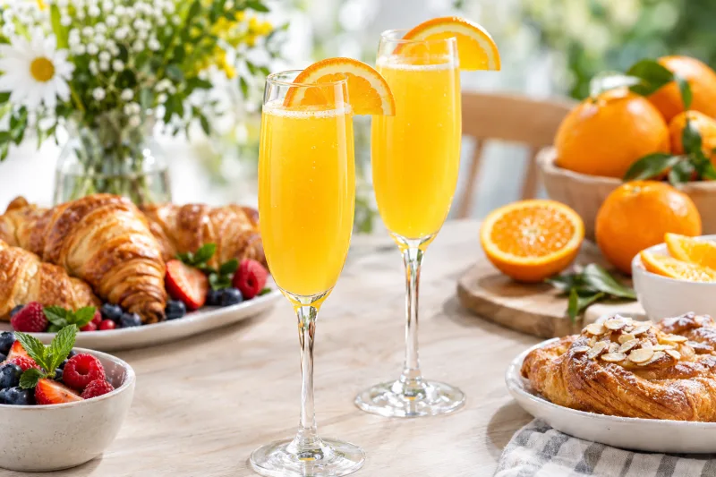 Veganer Mimosa-Cocktail in Sektgläsern mit Orangenscheibe