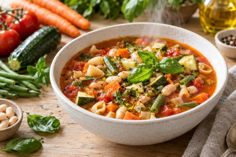 Vegane Minestrone Suppe mit Gemüse, Bohnen und Pasta in einem weißen Teller, garniert mit frischen Kräutern.
