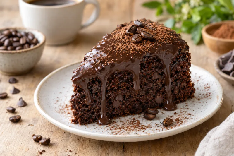 Veganer Mokka-Kaffee-Kuchen mit Schokoladenglasur auf einem Teller, garniert mit Kaffeebohnen