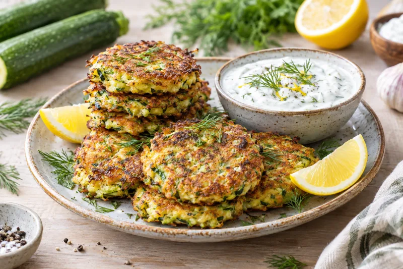 Vegane Mücver (Zucchini-Puffer) auf einem Teller mit Joghurt-Dip und frischen Kräutern, goldbraun gebraten.