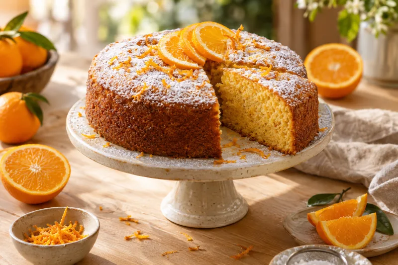 Angeschnittener veganer Orangenkuchen mit Orangenstücken und Puderzucker auf einem Teller