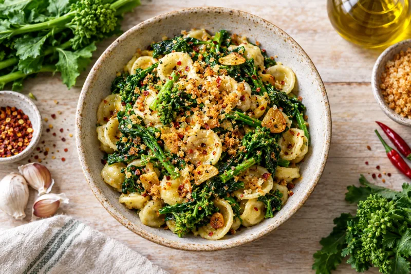Orecchiette mit Cime di Rapa in einer Schüssel, garniert mit gerösteten Semmelbröseln