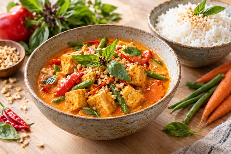 Veganes Panang Curry mit Tofu, Gemüse und Kokosmilch in einer Schale, garniert mit Basilikum und Erdnüssen.